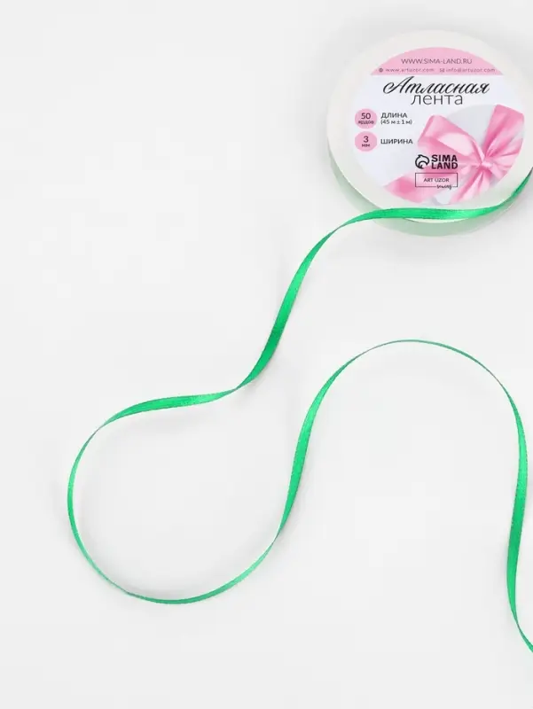 Лента атласная, 3 мм, 45±1 м, зелёная №19 Лента атласная, 3 мм, 45±1 м, зелёная №19