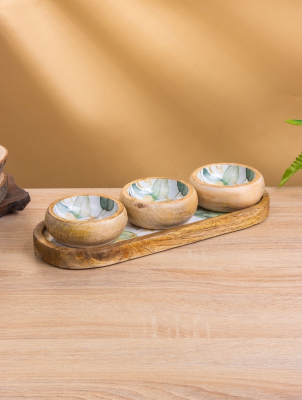 Набор розеток на подносе  Набор розеток на подносе "Листья" (3 шт) дерево манго 33,5х13х6,5 см