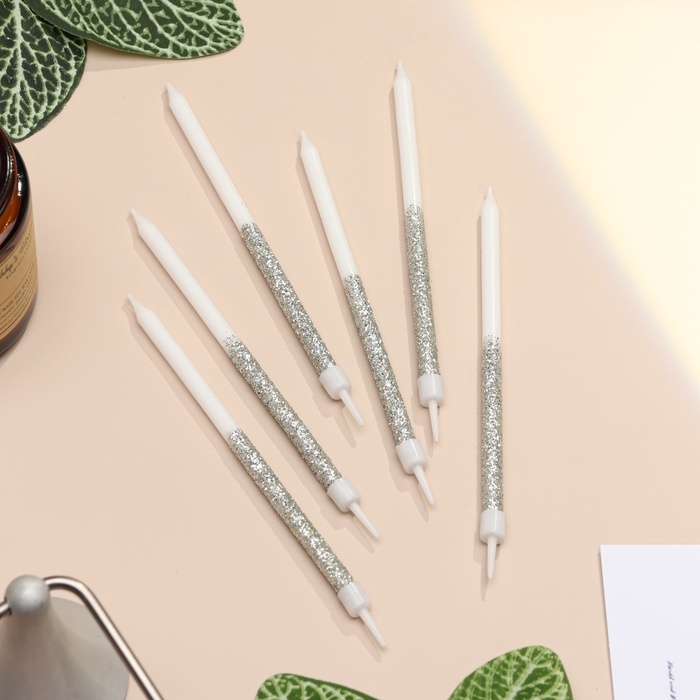 Свечи для торта Свечи для торта "Блестящее сияние", 6 шт, белые с серебром