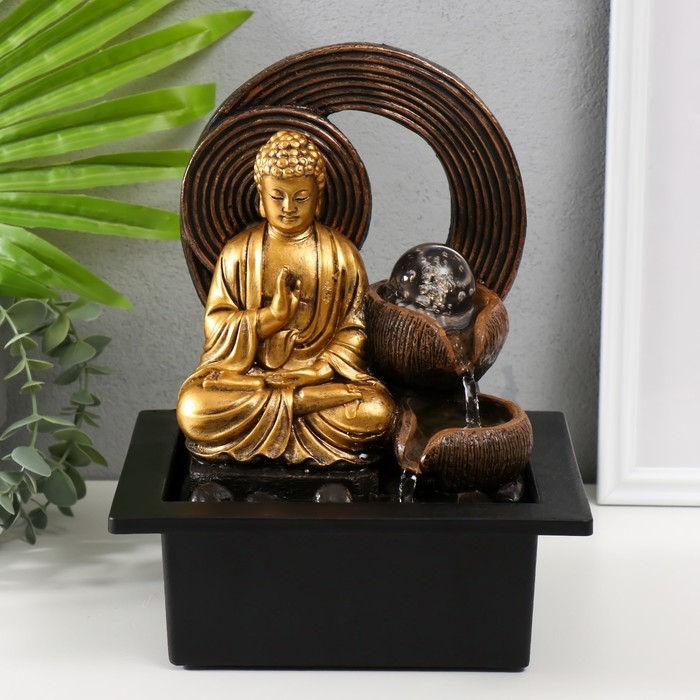 Фонтан настольный от сети, подсветка  Фонтан настольный от сети, подсветка "Золотой Будда у фонтана с кольцами" 21х17,5х26 см