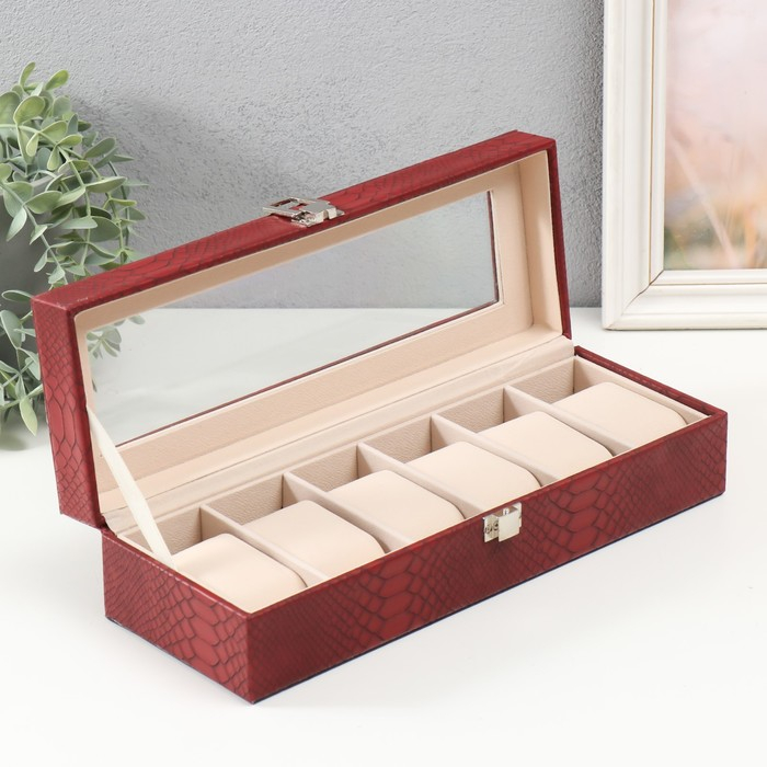 Шкатулка кожзам под часы 6 отделений Шкатулка кожзам под часы 6 отделений "Питон бордовый с прожилками" 11х31х7,5 см