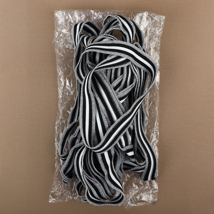 Тесьма трикотажная лампас 25 мм, 9,1 ± 0,5 м, цвет серебряный/чёрный/белый