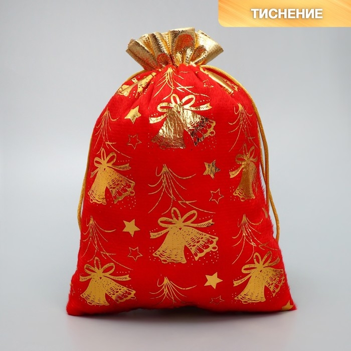 Мешочек подарочный плюш «Золотые фейерверки», колокольчики, тиснение, 16 х 24 см +/- 1.5 см, Новый год Мешочек подарочный плюш «Золотые фейерверки», колокольчики, тиснение, 16 х 24 см +/- 1.5 см, Новый год