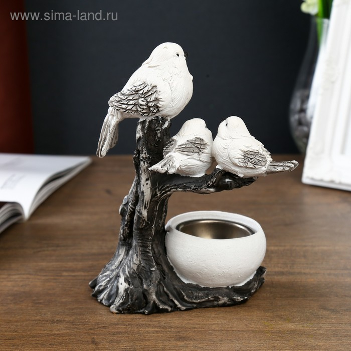 Сувенир полистоун подсвечник Сувенир полистоун подсвечник "Три белых воробушка на коряге" 17,5х12х7 см