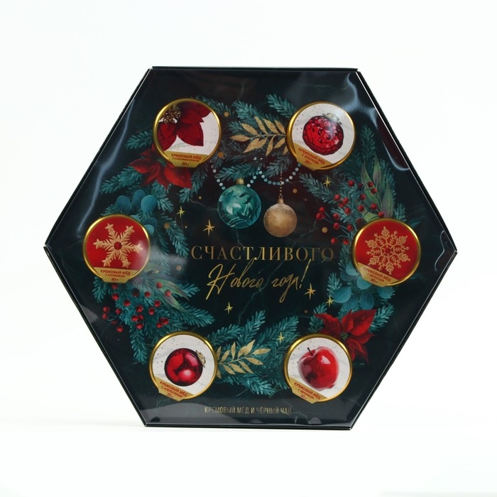 Подарочный набор «Счастливого Нового года»: чай чёрный 50 г., крем-мёд (6 шт. x 30 г) Подарочный набор «Счастливого Нового года»: чай чёрный 50 г., крем-мёд (6 шт. x 30 г)
