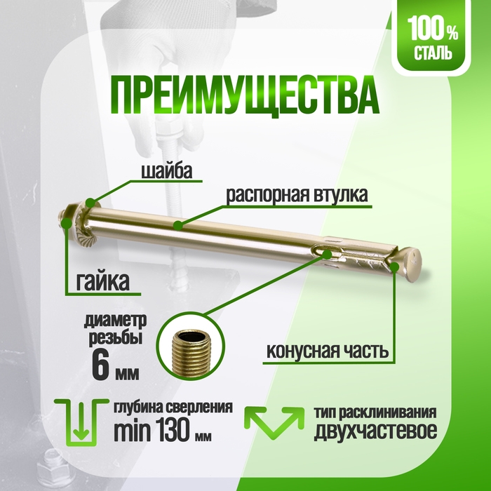 Анкерный болт ЛОМ, с гайкой, оцинкованный, 8х120 мм, 110 шт Анкерный болт ЛОМ, с гайкой, оцинкованный, 8х120 мм, 110 шт