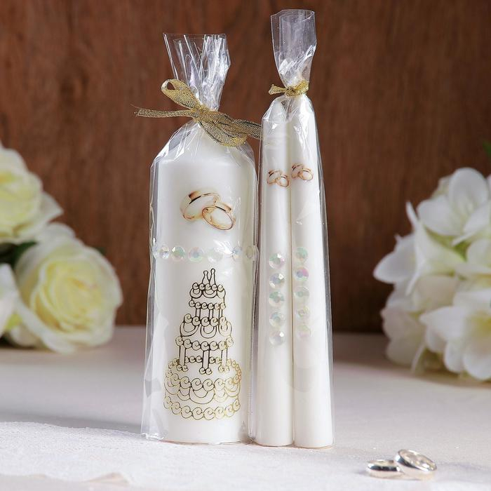 Набор свадебных свечей с бусинами  Набор свадебных свечей с бусинами "Обручальные кольца", белый, ручная работа, микс