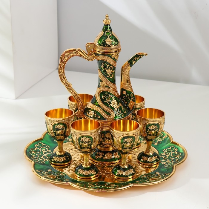 Набор винный кувшин, 6 бокалов и поднос  Набор винный кувшин, 6 бокалов и поднос "Турция. Цветы и узоры" зелёный с золотом