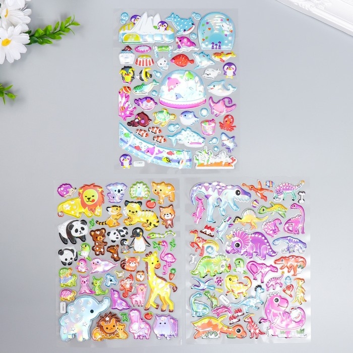 Наклейка пластик объёмные Наклейка пластик объёмные "Звери/Рыбки/Динозавры" голография МИКС 26х16 см