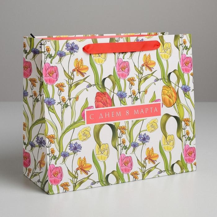 Пакет подарочный ламинированный горизонтальный, упаковка, «С Днем 8 Марта», ML 27 х 23 х 11,5 см