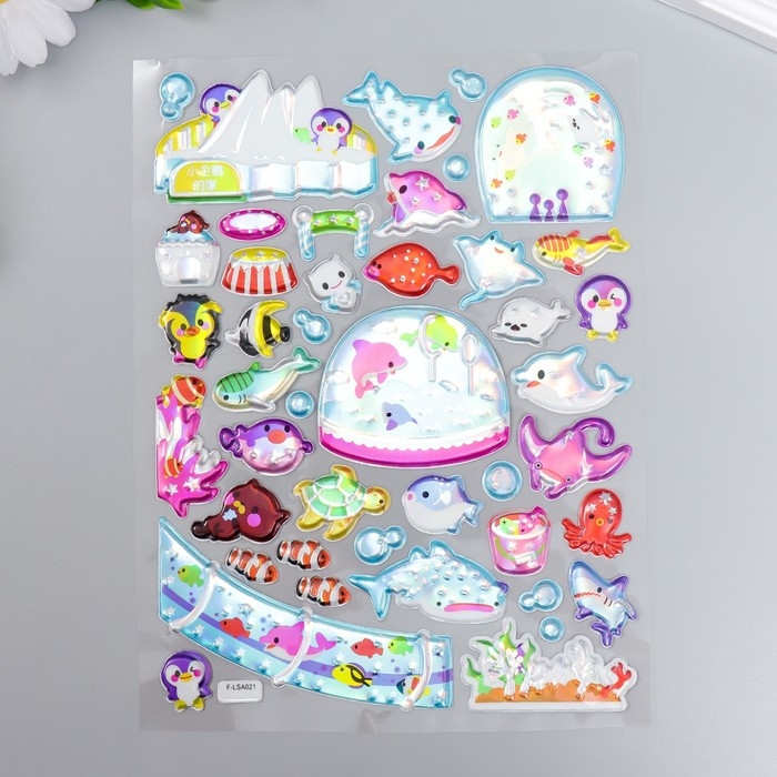 Наклейка пластик объёмные Наклейка пластик объёмные "Звери/Рыбки/Динозавры" голография МИКС 26х16 см