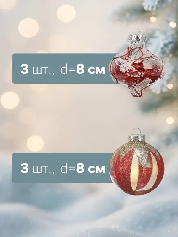Ёлочные шары &laquo;Мелвин&raquo;, d=8 см, набор 6 шт., прозрачный/красно-белый