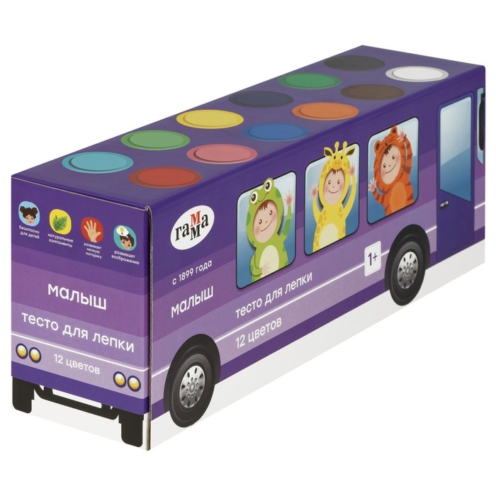 Тесто для лепки, 12 цветов, 720г, Гамма  Тесто для лепки, 12 цветов, 720г, Гамма "Малыш. Автобус", картонная упаковка (366993)