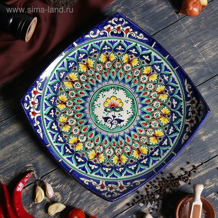 Ляган Риштанская Керамика  Ляган Риштанская Керамика "Узоры", 25 см, квадратный, синий