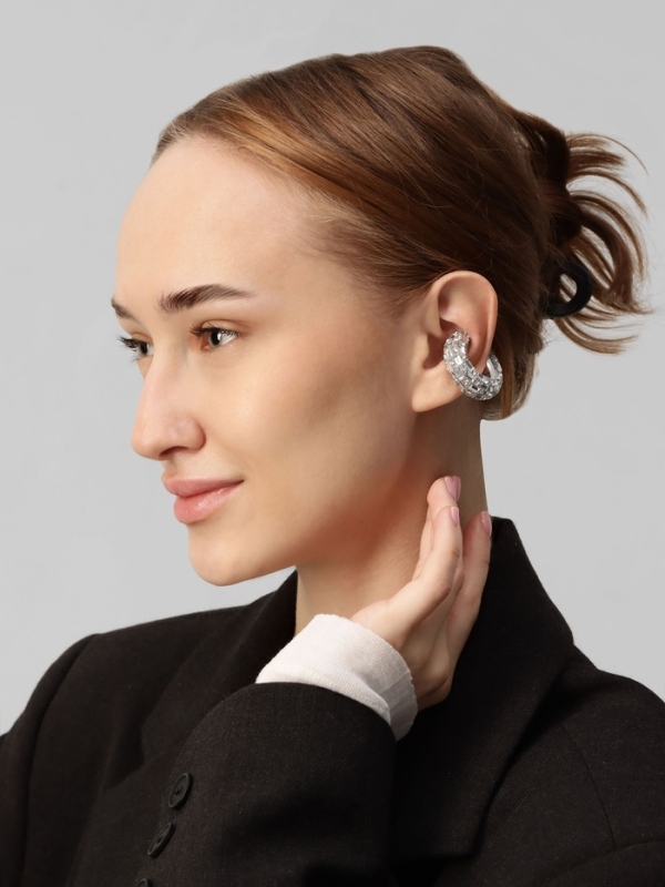 Серьги «Каффы» бублик, крупные стразы, белые в серебре