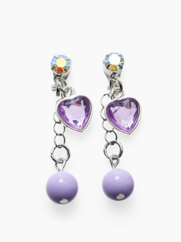Серьги-клипсы детские  Серьги-клипсы детские "Выбражулька" сердце на цепочке с кругом кристалл, цвет сиренево-радужный