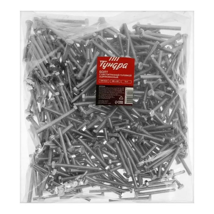 Болт ТУНДРА, оцинкованный, DIN 933, класс прочности 8.8, М6&times;60 мм, 5 кг