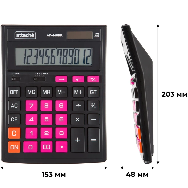 Калькулятор настольный ПОЛНОРАЗМ Attache AF-446BR,12р,дв.п,ч/роз,203x153x48