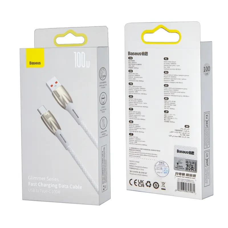 Кабель USB Type-C 1M 2.4A 100W Glimmer series Baseus белый CADH000402 Кабель USB Type-C 1M 2.4A 100W Glimmer series Baseus белый CADH000402