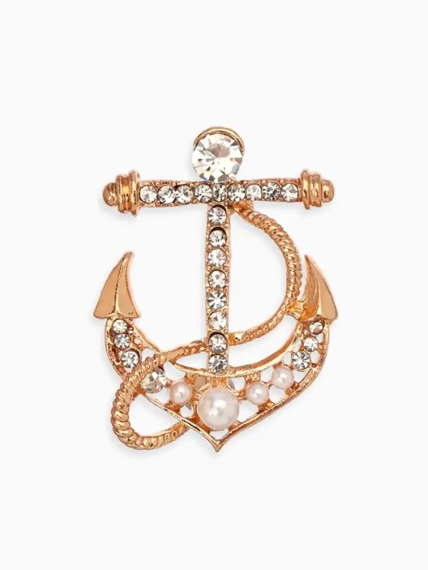 Брошь &laquo;Якорь с бусинками&raquo;, белая в золоте
