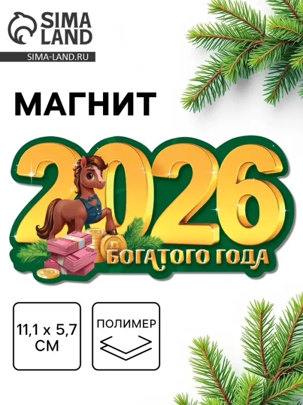 Магнит новогодний на холодильник «2026!», 11.1 х 5.7 см Магнит новогодний на холодильник «2026!», 11.1 х 5.7 см
