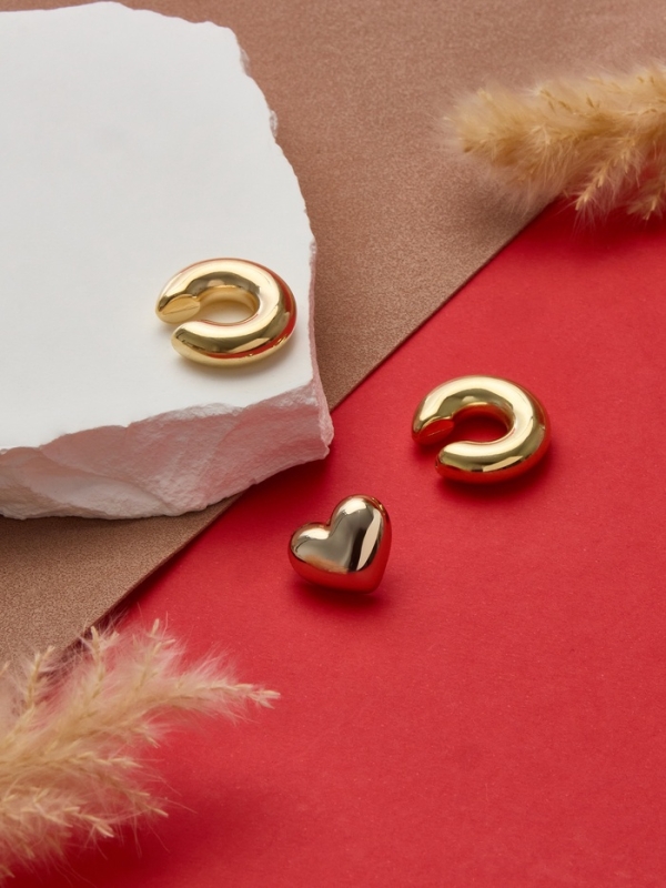 Набор серьги и каффы 3 шт. «Бублик» сердце, цвет золото