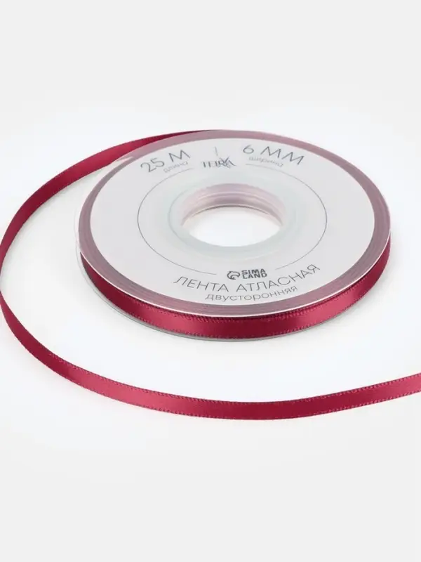 Лента атласная TEIRA, двухсторонняя, 6 мм, 25&plusmn;1 м, бордовая №0789
