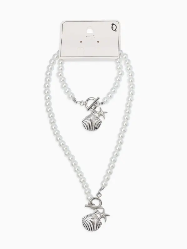 Набор 2 предмета: бусы. браслет &laquo;Жемчуг. Ракушка вонголе&raquo;, L=18/42 см, №8, белый в серебре