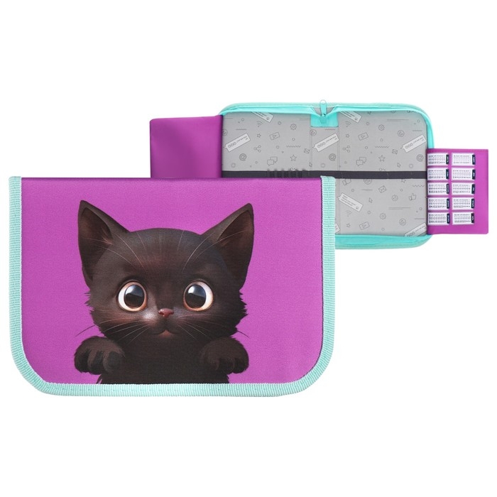 Пенал 1 секция 140 х 210 х 40 мм, откидной карман и косметичка, тканевый, Calligrata TOP Content  Пенал 1 секция 140 х 210 х 40 мм, откидной карман и косметичка, тканевый, Calligrata TOP Content "Котик"