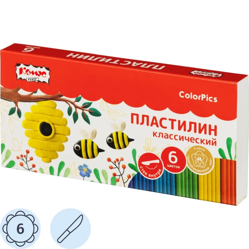 Пластилин клас. Комус Класс (№1 School) ColorPics набор 6цв 120г со стеком