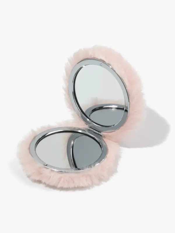 Зеркало складное круг (2) с/увел МЕХ d8см искусств мех/пластик розовый пакет QF