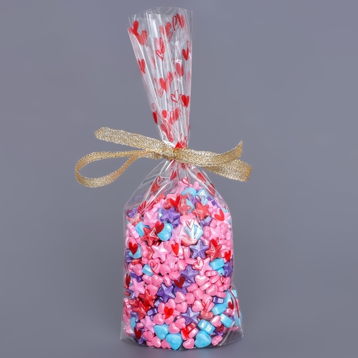 Пакет фасовочный БОПП, с донной складкой, Пакет фасовочный БОПП, с донной складкой, "Сердца красные" 9*19 см набор 50 шт