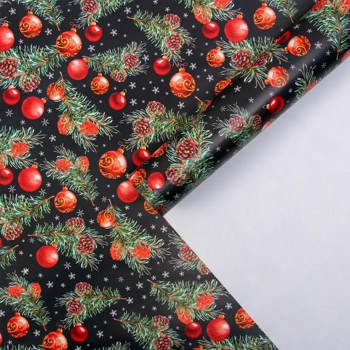 Упаковочная бумага на новый год «Шары на ветвях», 70 х 100 см, глянцевая