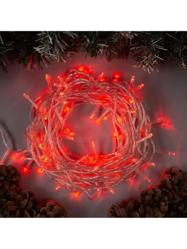 Гирлянда &laquo;Нить&raquo; 10 м, IP20, прозрачная нить, 100 LED, 8 режимов, 220 В, свечение красное
