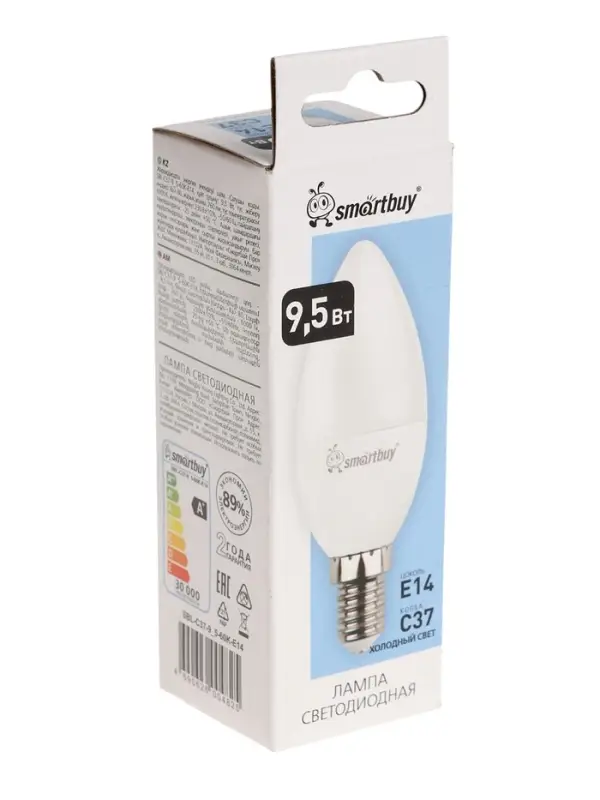 Лампа светодиодная Smartbuy, Е14, C37, 9.5 Вт, 6000 К, холодный белый свет