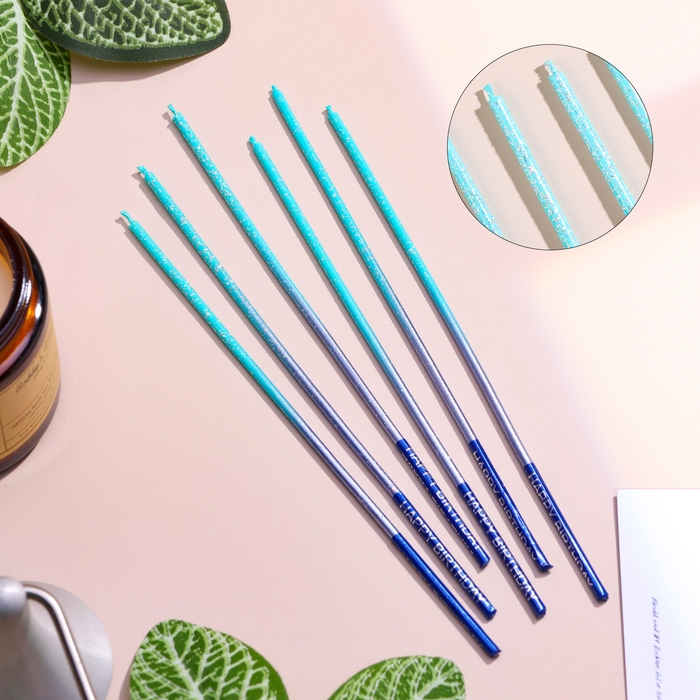 Набор свечей в торт, 6 штук Набор свечей в торт, 6 штук "Happy", 17 см, голубой с синим