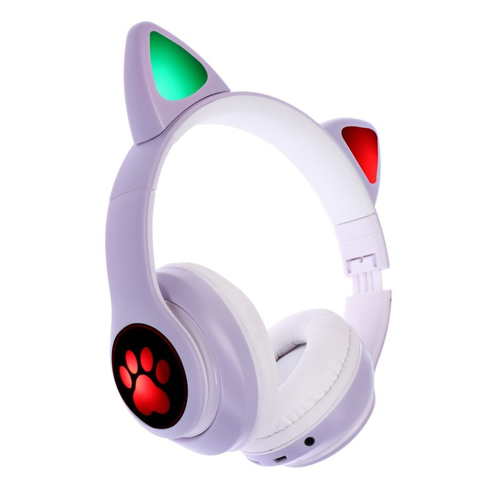 Наушники-Кошки MYBIT W-32, беспроводные, MIC, BT 5.0, AUX, microSD, MP3, 400 мАч, фиолетовые