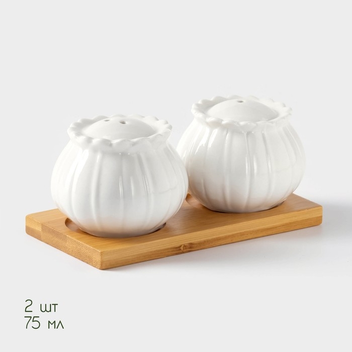 Набор фарфоровый для специй BellaTenero «Тюльпан», 3 предмета: солонка 75 мл, перечница 75 мл, бамбуковая подставка, цвет белый Набор фарфоровый для специй BellaTenero «Тюльпан», 3 предмета: солонка 75 мл, перечница 75 мл, бамбуковая подставка, цвет белый