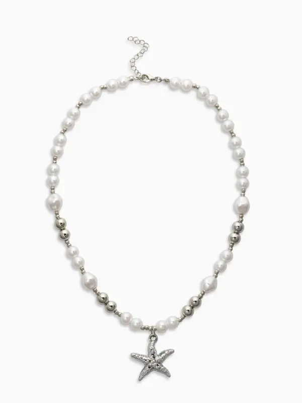 Кулон на жемчужных бусах &laquo;Морская звезда&raquo;, 55 см, белый в серебре