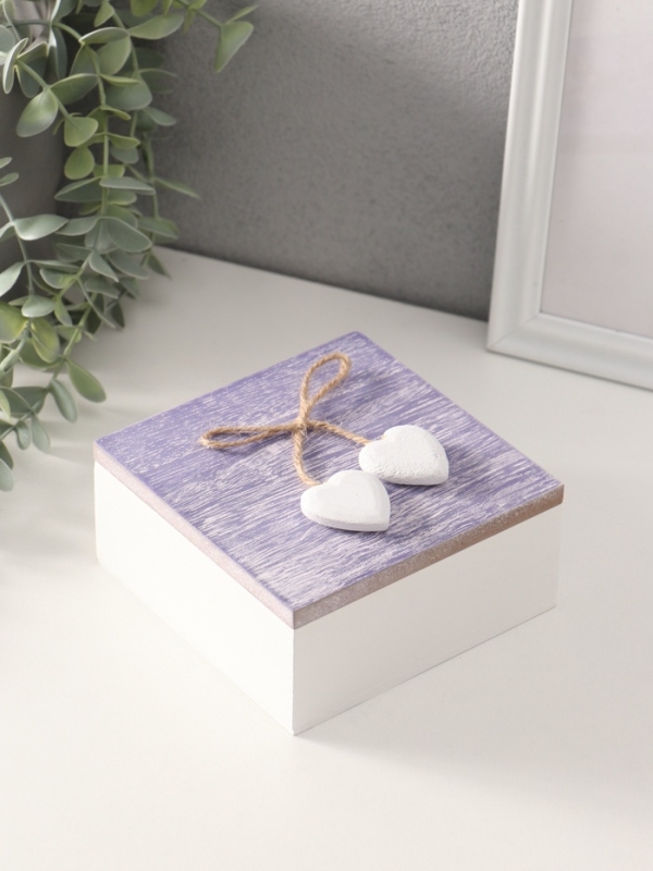 Шкатулка для украшений «Сердечки белые на сиреневом квадрате», дерево, 12×12×5.3 см Шкатулка для украшений «Сердечки белые на сиреневом квадрате», дерево, 12×12×5.3 см