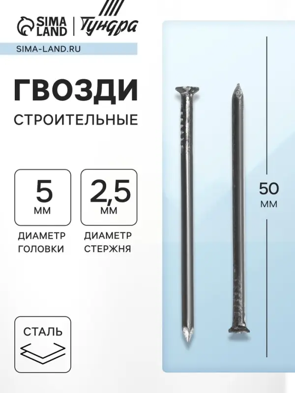 Гвозди ТУНДРА, строительные, ГОСТ 4028-63, без покрытия, 2.5&times;50 мм, фасовка 1 кг