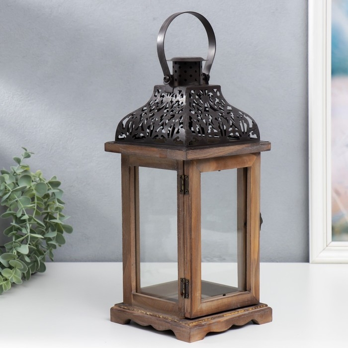 Подсвечник дерево на 1 свечу  Подсвечник дерево на 1 свечу "Фонарь с резной крышей" темно-коричневый 33х14,5х14,5 см