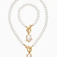 Набор 2 пред-а: колье,браслет "Жемчуг с подвеской барочной" 18/42 №8, цвет белый в золоте