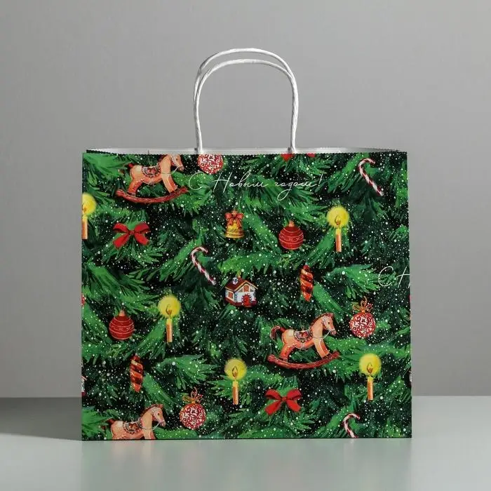 Пакет подарочный новогодний крафтовый «Новогодняя ёлочка», 32 х 28 х 15 см