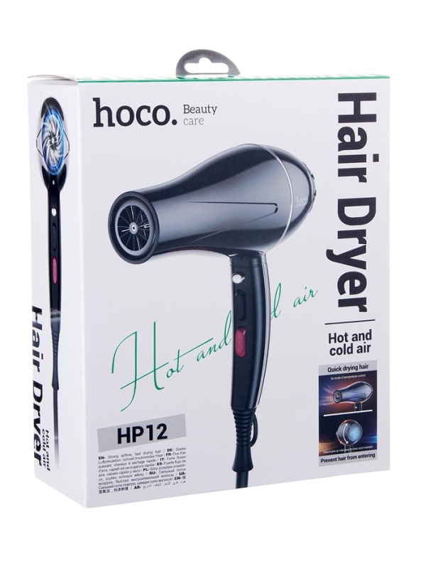Фен для волос Hoco HP12, 6 режимов, 2 насадки, черный