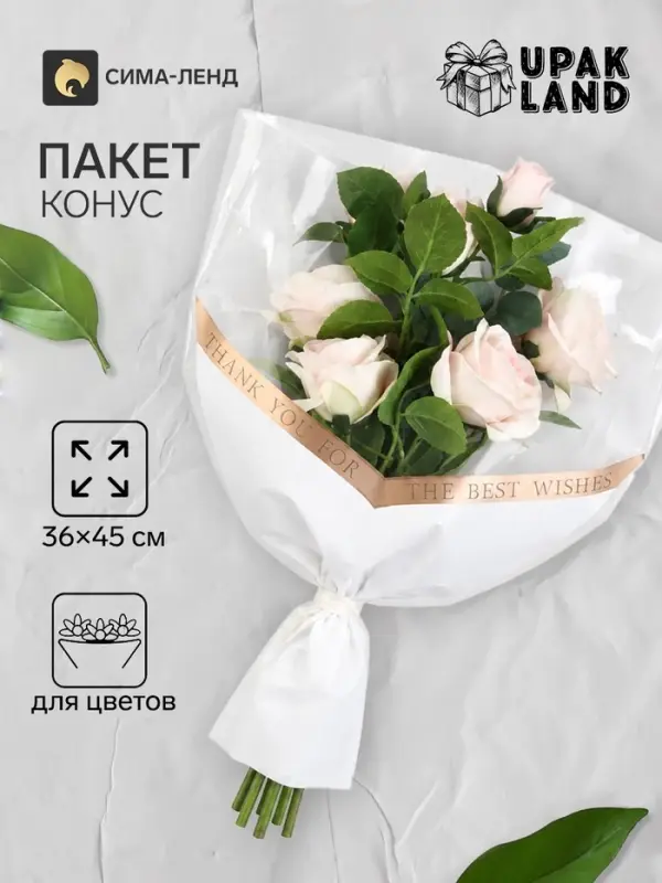Пакет цветочный Конус, &laquo;Наилучшие пожелания&raquo;, белый, 36&times;20&times;45 см&plusmn;1 см