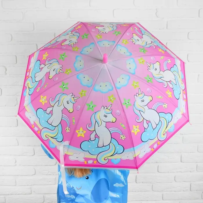 Зонт - трость детский &laquo;Единорог с радугой&raquo;, полуавтоматический, 8 спиц, R=40/47 см, d=80 см, розовый