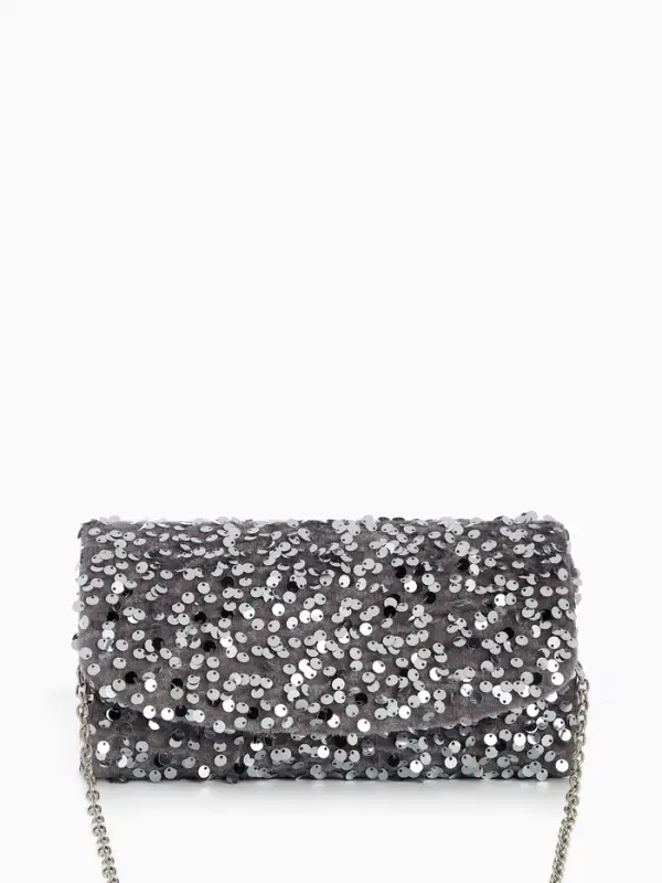 Сумка-клатч вечерняя на магните, на цепочке, с пайетками, серебристая