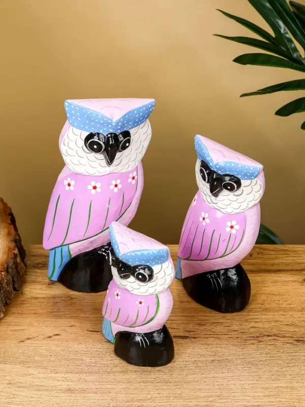 Набор сувенирный «Совы», h=17 см, h=14.5 см, h=11 см, дерево, сиреневый