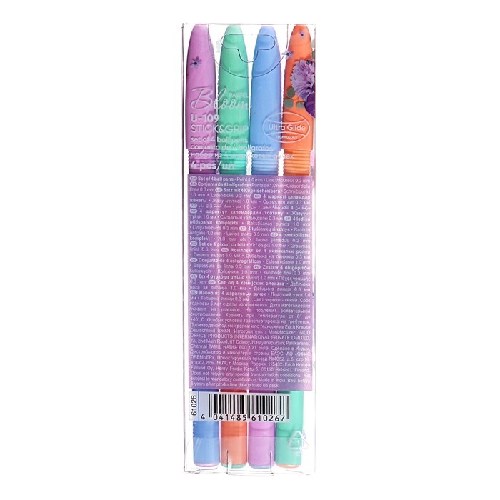 Набор ручек шариковых 4 штуки, ErichKrause U-109 Stick&Grip Pastel Bloom, узел 1.0 мм, чернила синие, резиновый держатель, длина линии письма 1000 метров Набор ручек шариковых 4 штуки, ErichKrause U-109 Stick&Grip Pastel Bloom, узел 1.0 мм, чернила синие, резиновый держатель, длина линии письма 1000 метров